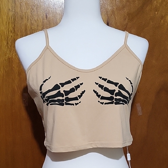 Skeleton Hand Print Tan Crop Top - Picture 1 of 10